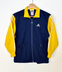 Blue adidas jacket with yellow stripes hot sale